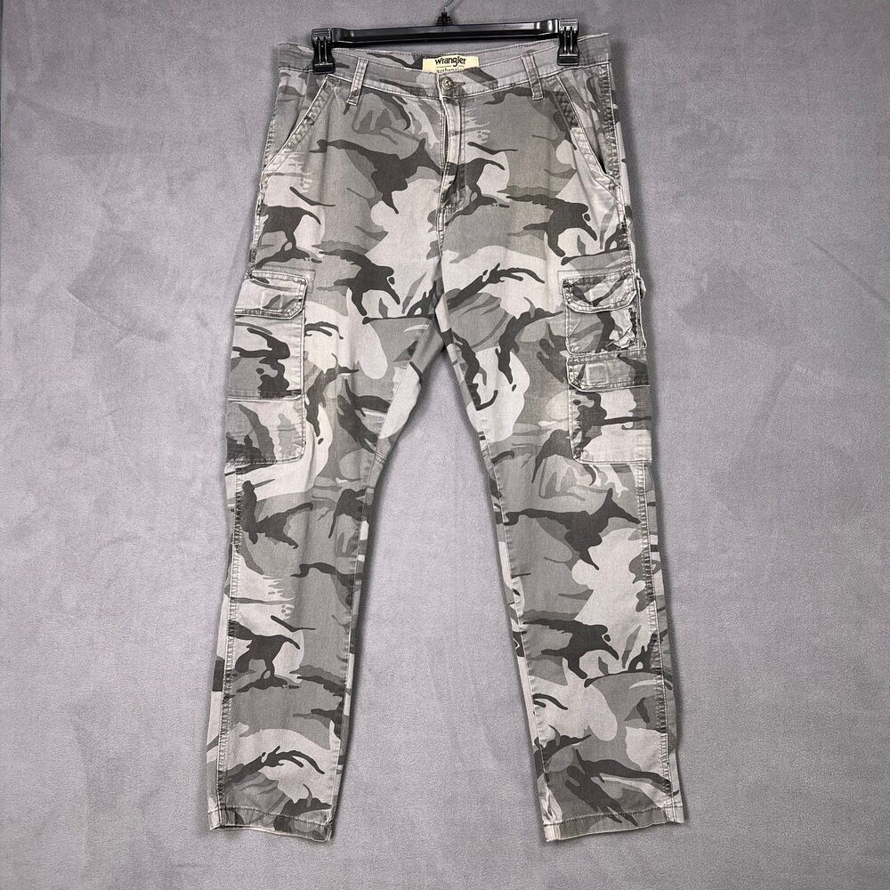 Wrangler Mens Gray Camo Cargo Pants 34 Stretch Tapered Flap Pocket Tactical Work